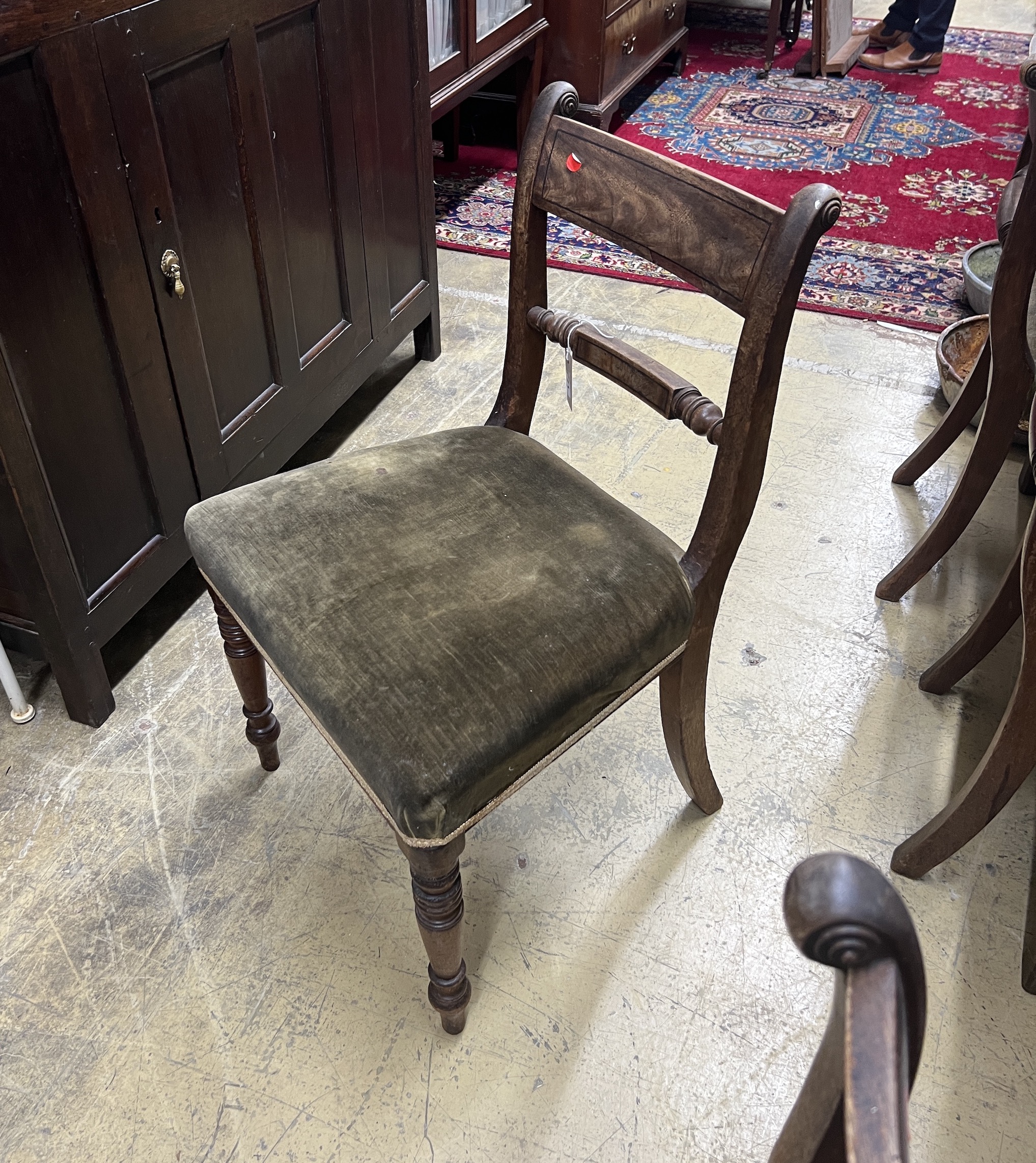 A set of four Regency mahogany dining chairs, width 52cm, height 87cm